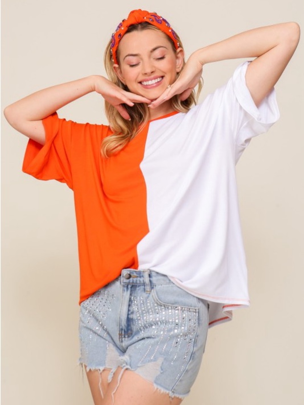 Women’s Split-Panel Orange & White Short Sleeve Tee